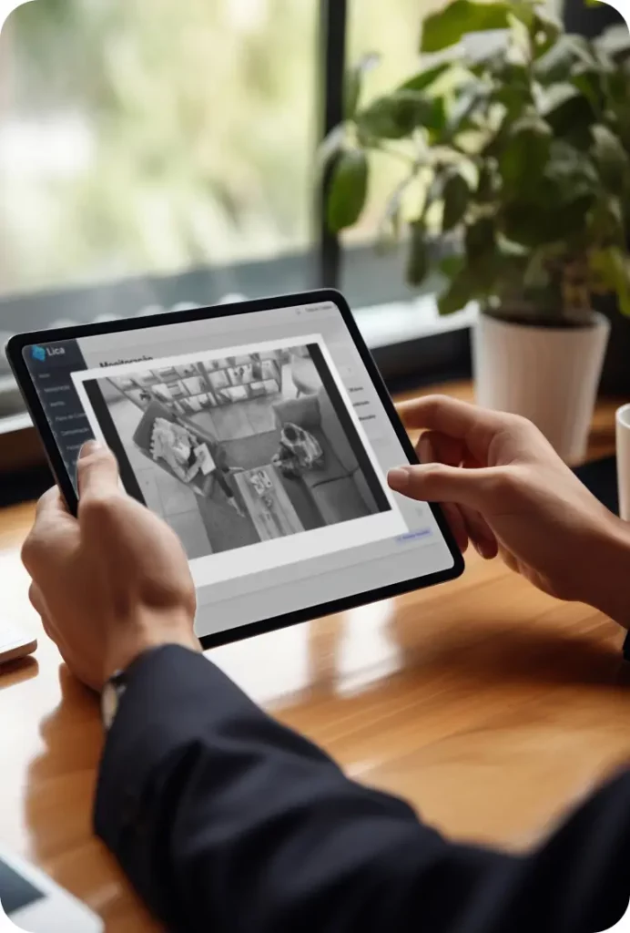 Pessoa acompanhando videomonitoramento no aplicativo web do Lica através de um tablet
